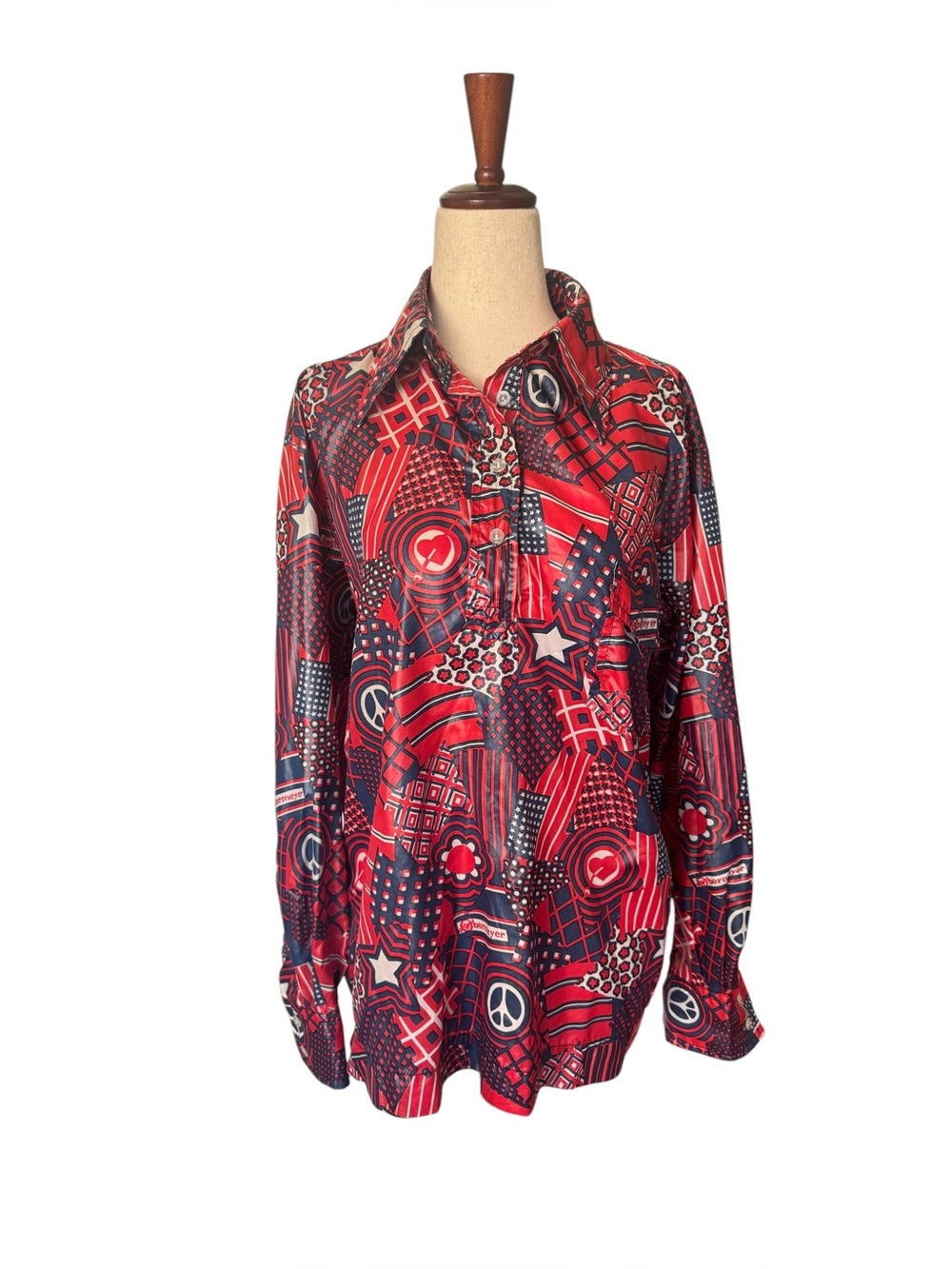 Vintage 70s Obermeyer Wind Shirt Top Red Navy Graphic Novelty Print Peace Flag